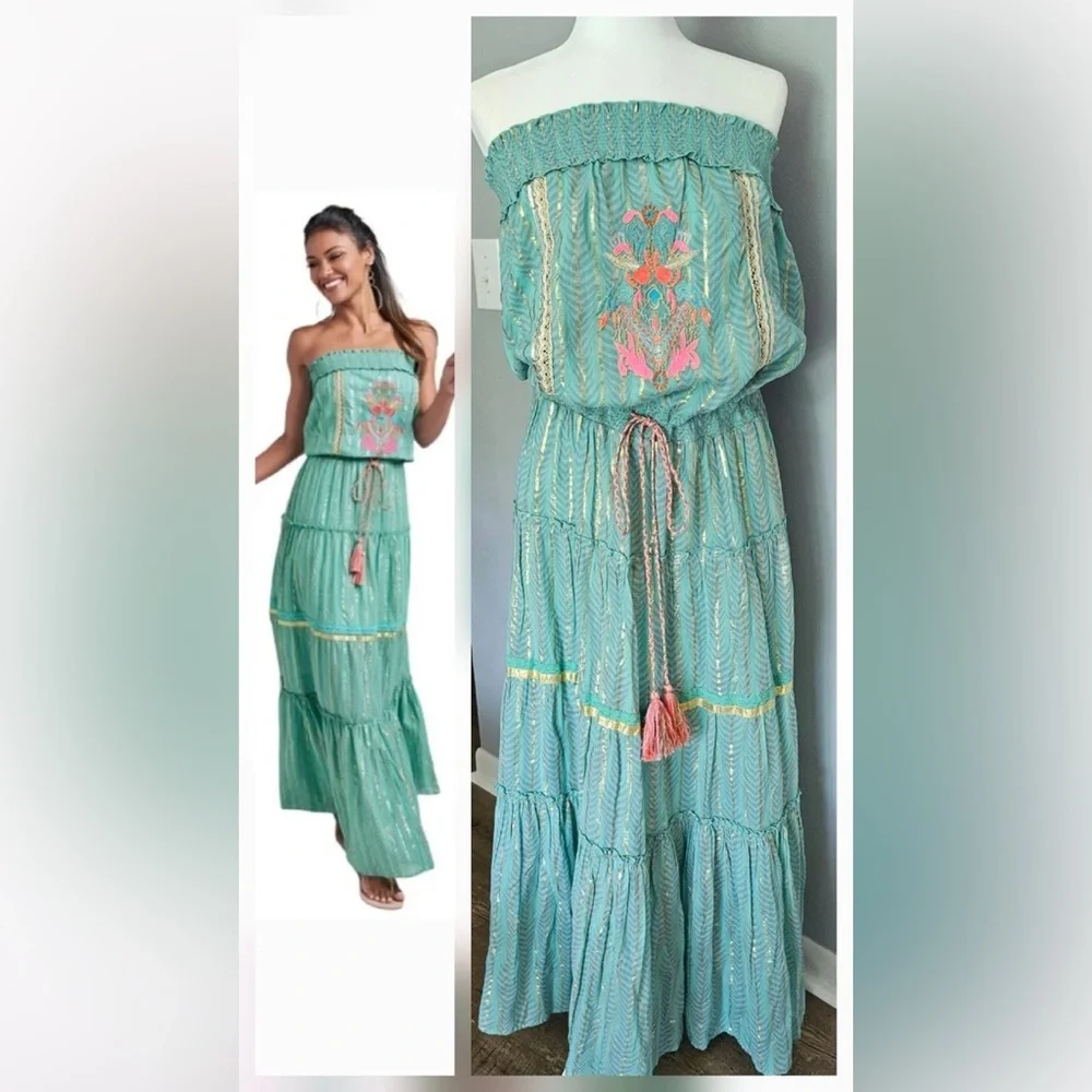 Boho Strapless Maxi Dress with Embroidered Coral Accent